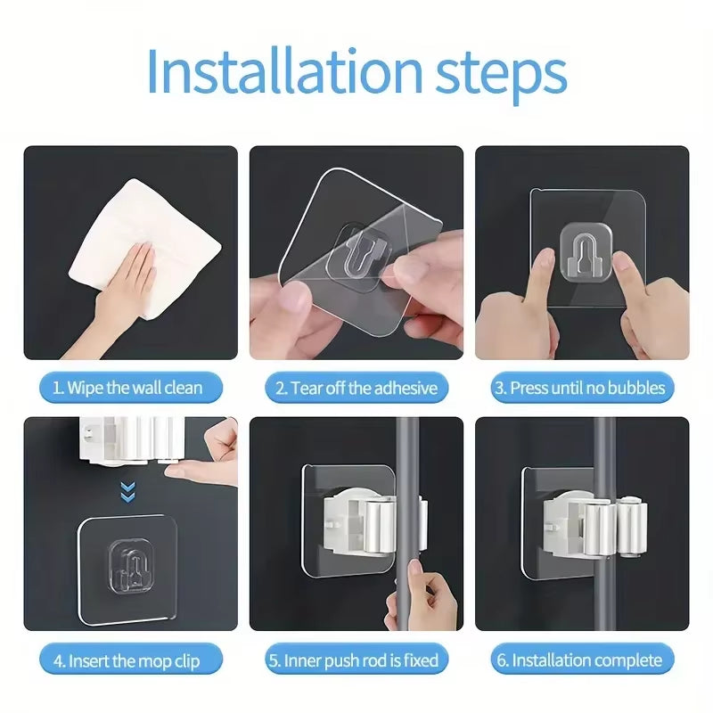 Mop Holder Self-Adhesive Broom Stand Wall Mounted Mop Support Sweeping Brush Hook Storage Organizer Bathroom Kitchen Accessories