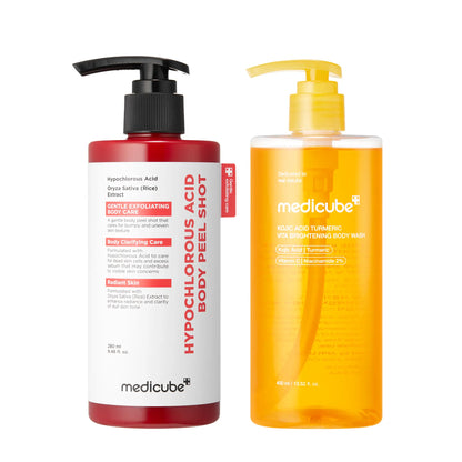 [Medicube] Smooth & Clear Body Care Set | Hypochlorous Acid Body Peel Shot, Kojic Acid Turmeric Body Wash, Toner Pad, Toner, Mist | Exfoliating for Dead Skin Cells & Excess Sebum & Clearing for after Spots, Texture & Uneven Skin Tone | K-Beauty