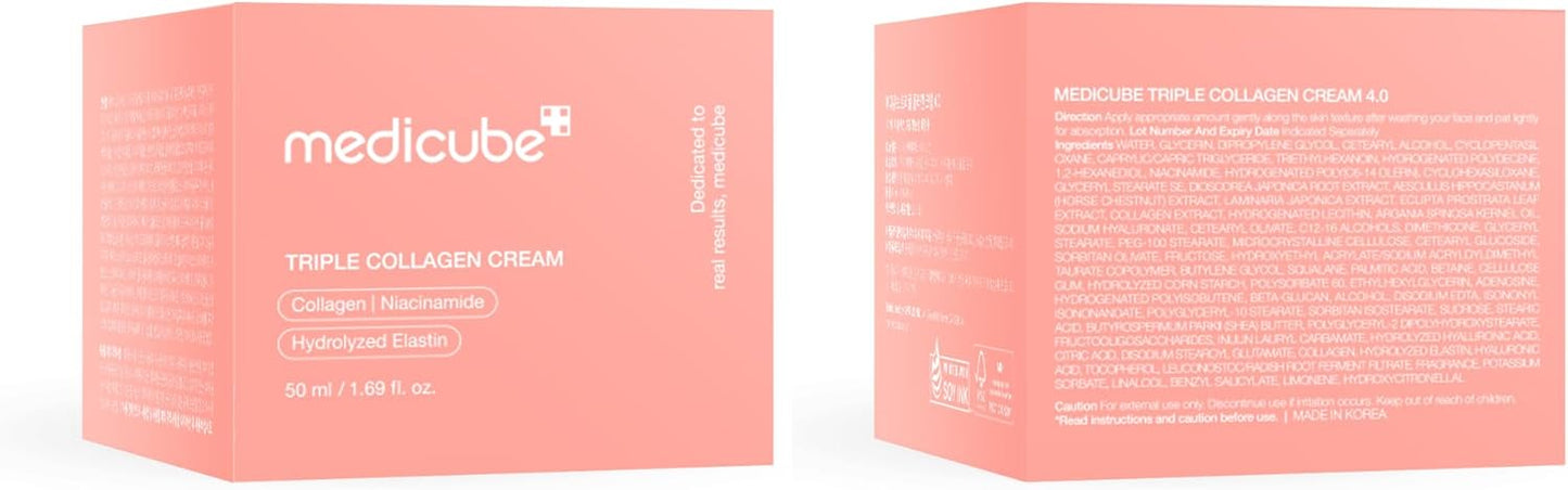 Medicube Triple Collagen Cream - Hydrating & Firming Moisturizer with Hyaluronic Acid, Premium Elastin, Shea Butter - Wrinkle Care & Boosts Elasticity - Korean Skincare, 1.69 oz