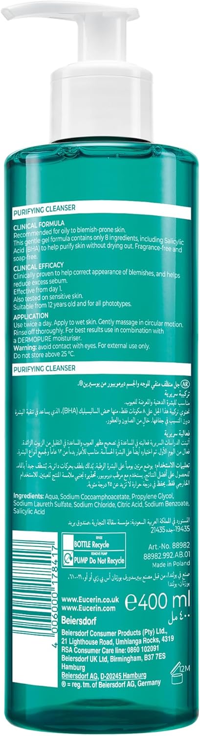 Eucerin DermoPurifyer Cleansing Gel for Blemish & Acne-Prone Skin, Removes Excess Sebum, Dirt and Makeup, Fragrance-Free, Soap-Free, 400ml
