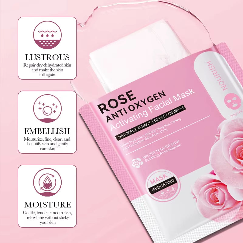 12Pc Rose Flower Extract Face Mask Korean Sheet Mask Moisturizing Mask Nourishing Skincare Facial Korean Fresh Product